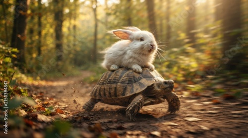 Rabbit Riding Tortoise Through Sunlit Autumn Woodland