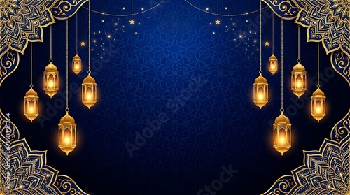 Elegant islamic background with glowing golden lanterns and intricate ornamental frame for ramadan kareem and eid celebrations