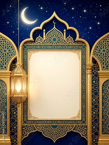 Decorative Islamic arch frame with golden lantern and crescent moon on a starry night background for ramadan