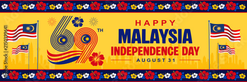 Festive Hari Merdeka August 31 horizontal vector banner featuring 69th anniversary typography, Jalur Gemilang flags, and Bunga Raya.