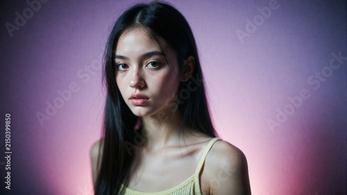 Studio portrait of an Asian woman with serious expression, soft lighting