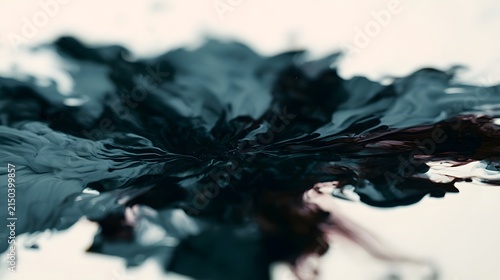 Dark ink spreads across water surface creating abstract fluid patterns with glossy reflections and soft blurred edges