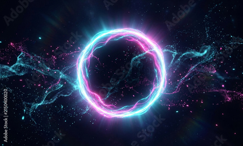 Abstract glowing neon ring of light with floating energy particles and cyan pink energy waves isolated on dark background, synthwave portal concept