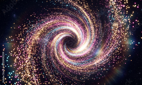 Abstract cosmic spiral galaxy swirling with glowing golden dust and magical glitter particles in deep space, astronomy universe and fantasy portal concept