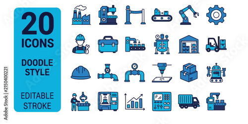 20 Industrial and Manufacturing Doodle Icons Set, Factory Machinery and Production Editable Stroke Vector Collection