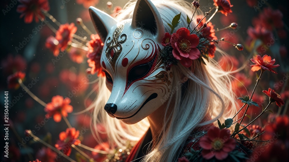 Naklejka premium White-masked fox surrounded by red flowers in a soft, artistic scene