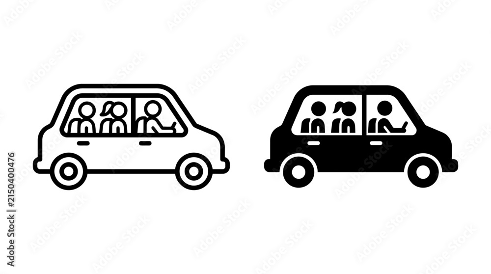 Fototapeta premium Car vehicle with passengers and driver icon set in outline and solid ride sharing automobile transport transportation passenger monochrome isolated minimalist