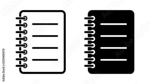 Spiral notebook icon set with lined pages in outline and solid black graphic style for school and office note taking notebook stationery illustration silhouette