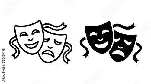 Set of theater mask icons representing drama and comedy in outline and solid style with performance illustration application entertainment isolated collection