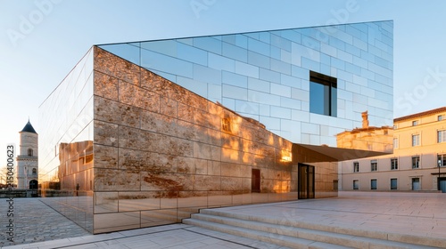 Contemporary mirrored building reflecting historic architecture, showcasing the contrast between modern design and heritage