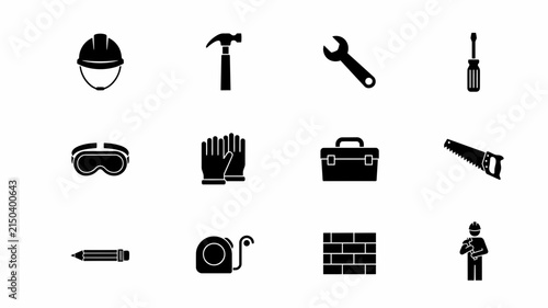 Quadro su tela Minimalist black construction and safety tools icon set with utility items flat