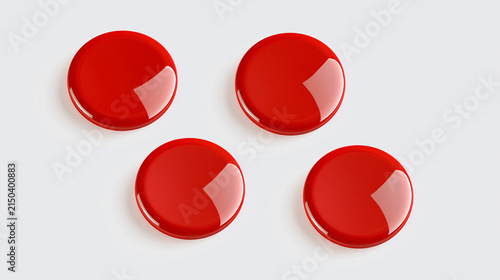 set of red plastic push buttons isolated on a bright transparent background, blank badge and label mockup concept, circular tag design, icon, graphic, modern, minimal, glossy,