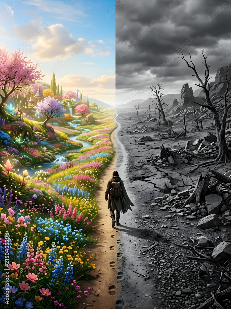 Fototapeta premium A person walks along a path that divides a vibrant colorful landscape from a desolate grayscale environment