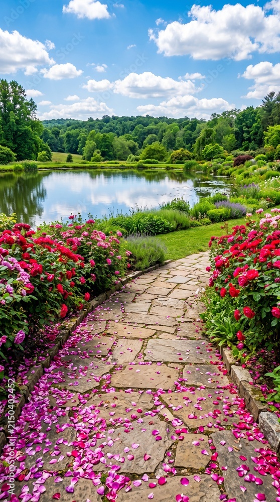 Obraz premium A rustic stone path covered in fallen rose petals leading to a calm pond in a summer garden with landscape blooming romantic botanical peaceful colorful
