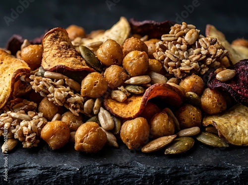 A gourmet mix of crispy salad toppers featuring roasted chickpeas sunflower seeds and vegetable chips on dark stone