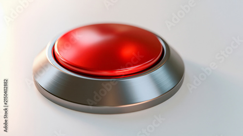 red push button with a metal ring isolated on a bright white background, emergency alert concept, technology, icon, modern, minimal, functional, industrial design, clean, bright,
