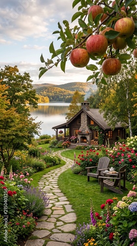 Idyllic cottage garden path leading toward a lake view with ripe red apples landscape relaxing tranquil backyard beautiful peaceful colorful sunlight