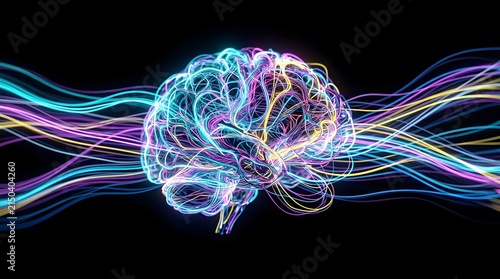A vibrant digital illustration of a human brain with colorful glowing lines on a black background