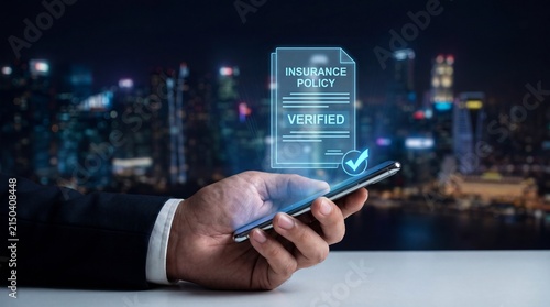 Businessman using smartphone with digital hologram of insurance policy verified on city background
