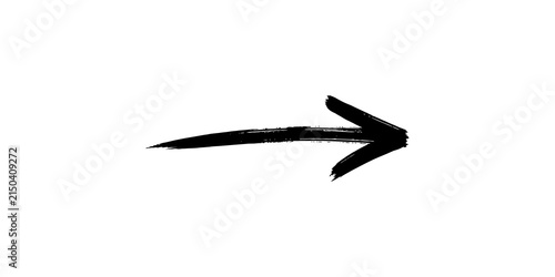 Single black brush stroke arrow pointing to right side showing hand drawn artistic style isolated on transparent background design asset.