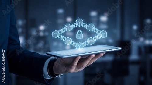 Innovative Blockchain Security Concept Displayed on a Tablet Held by a Businessman