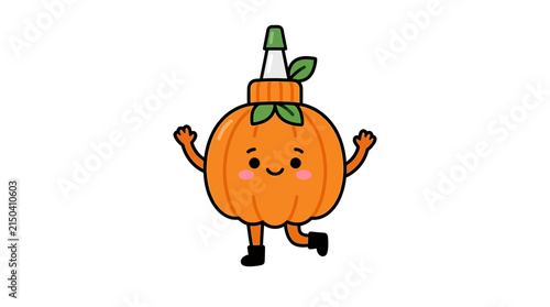 Halloween Cute happy halloween pumpkin character, kawaii vegetable walking with party hat, vector illustration for greeting cards and autumn decorations isolated on White Background Halloween