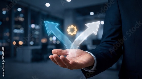Close up of businessman hand holding glowing split arrows for decision making, strategy, choice, and business direction concept