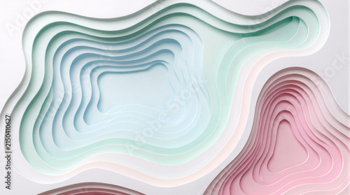 Precision cut paper layers form soft geometric winter waves and topographic mountain contours within a bright studio