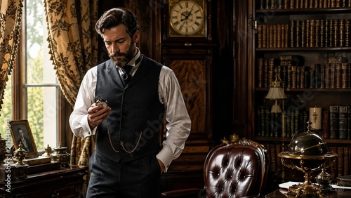 Man in vest with pocket watch presented through a candid perspective with timeless visual appeal