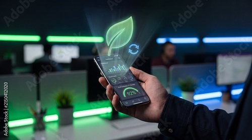 Close up of hand holding smartphone with glowing green leaf hologram representing sustainable technology in modern office