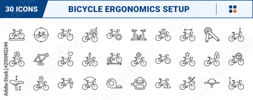 Bicycle Bike Fitting Web Icon Set in Linear Style. Collection of Cycling Ergonomics line icons, including seat height, handlebar reach, pedal cleat, angle measurement, saddle tilt and more.