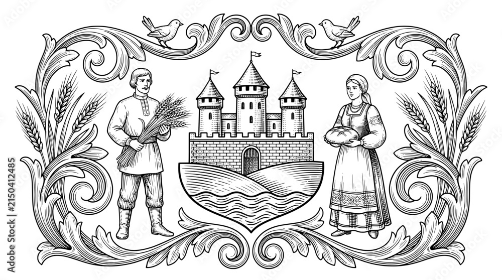 Fototapeta premium Engraved illustration of a castle with a man and woman holding farm goods in a decorative frame