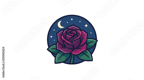 Foto Red rose flower with green leaves is centered inside a dark blue circular badge with stars and moon