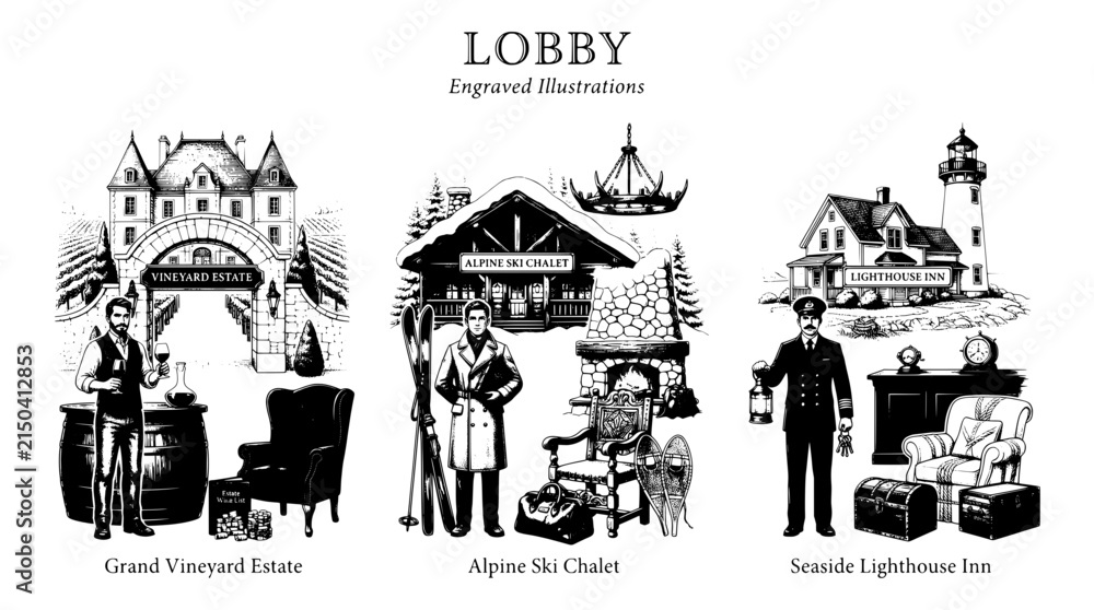 Fototapeta premium Engraved illustrations of three different locations showing vineyard, ski chalet, and lighthouse