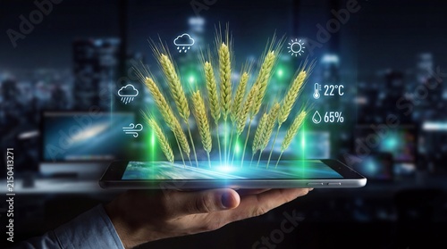 A handheld digital tablet displaying a holographic projection of golden wheat stalks with environmental data monitoring icons in a modern office