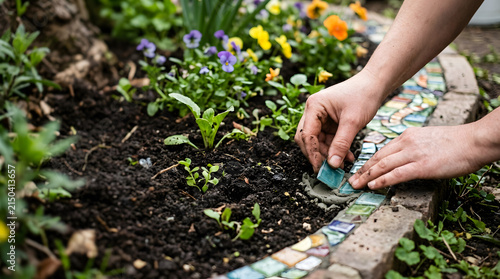 Hands placing colorful mosaic tiles into cement on a garden border. Person creating decorative artwork along a flower bed with pansies