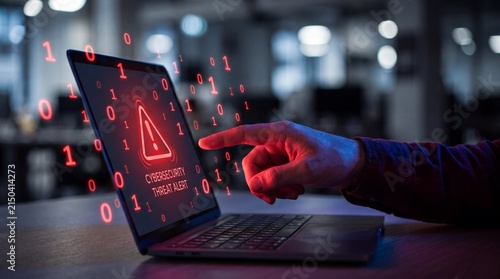 Conceptual image of a hand tapping a laptop screen displaying a red cybersecurity threat alert warning with floating binary data