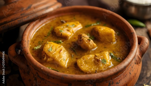 Traditional keralastyle fish curry served in a rustic clay pot, featuring tender fish pieces in a rich, golden coconutbased gravy
