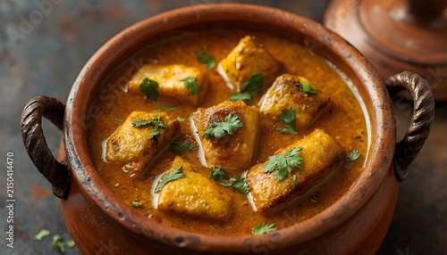 Traditional keralastyle fish curry served in a rustic clay pot, featuring tender fish pieces in a rich, golden coconutbased gravy