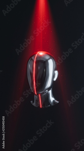Chrome Mannequin Head Scanned by Vertical Red Light Beam in Darkness