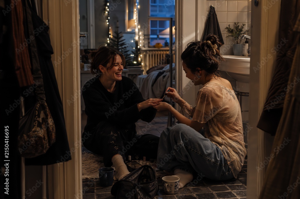 Obraz premium Two woman friends sitting on bathroom floor painting nails during New Year celebration. Happy girls having fun at home during festive winter holiday. Female friendship and care concept.