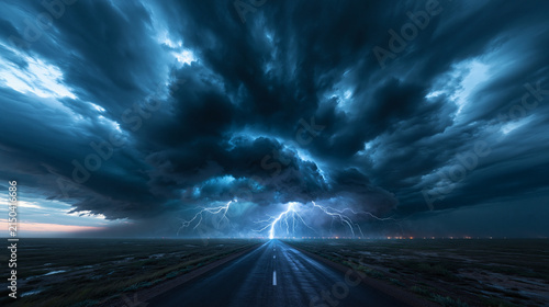 Dramatic Lightning Strike Over Highway During Severe Thunderstorm