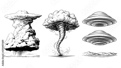 Engraved illustration of clouds, tornado, and flying objects in a nature setting