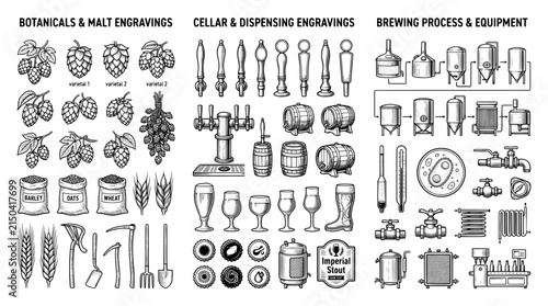 Engraved illustration showing detailed brewing process and equipment with botanical elements and dispensing tools