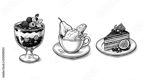 Engraved illustration of desserts with fruits, ice cream, and cake on plates