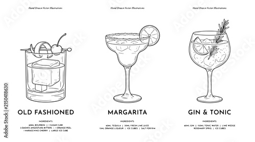 Engraved illustrations of cocktails with ingredient lists and drink names