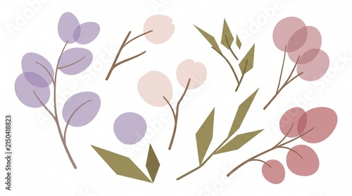 Pressed flowers and botanical leaves set isolated on white background for floral design