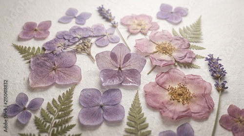 Pressed purple flowers and dried leaves on textured linen paper background