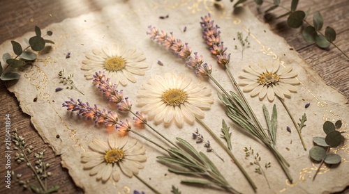 Pressed daisy and lavender flowers on handmade paper for rustic botanical art background