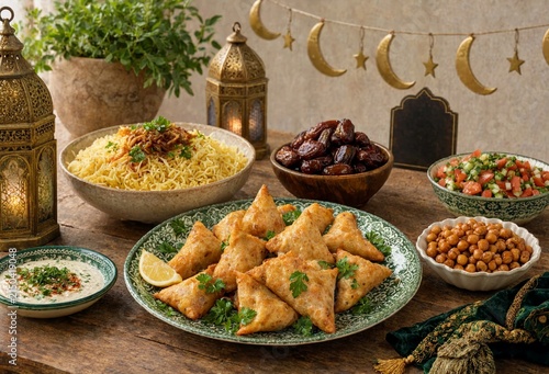 Traditional Ramadan Iftar meal spread with savory samosas and refreshing dips served on a wooden table